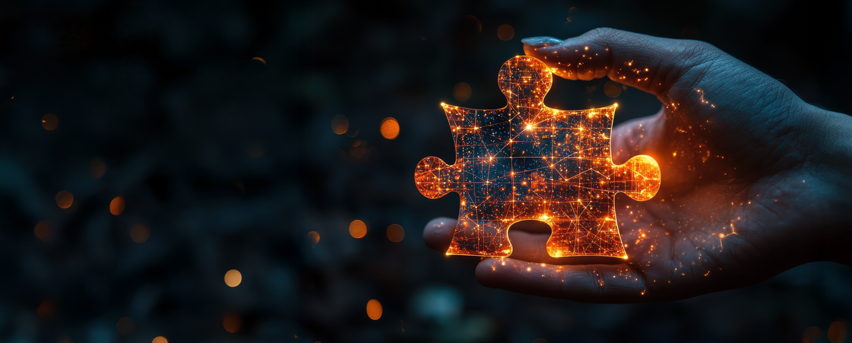 main visua,Hand Holding an Illuminated Puzzle Piece with a Cosmic Glow Effect
